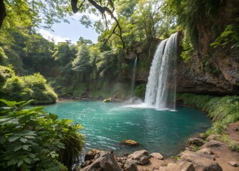 A serene waterfall cascading into a vibrant turquoise pool nestled within a lush, green paradise under a bright, sun-drenched sky.