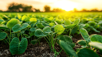 Soybean Field at Sunset: Vibrant Green Crops in the Golden Hour