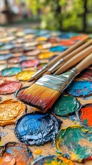Obraz premium Colorful paintbrushes on palette outdoors
