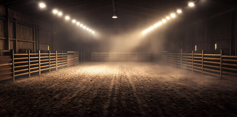 Empty Arena: Atmospheric view of an empty arena illuminated by overhead spotlights, creating an dramatic setting. Evokes a sense of anticipation, drama, and grandeur.