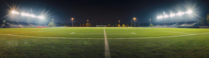 Field of Dreams at Night: A panoramic view of a brightly lit football field at night, capturing the vibrant green of the grass under the intense glow of stadium lights.