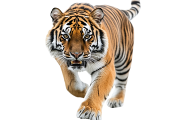 Powerful tiger leaping forward with fierce energy Isolated on white background or PNG background .
