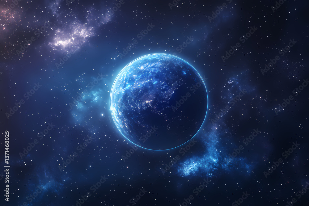 Poster celestial sphere: an image of a distant planet floating serenely in the cosmic tapestry, with its de