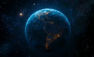 Obraz premium Cosmic Embrace: A celestial view of Earth bathed in the deep blues of space, with the glittering lights of cities adorning its surface, set against a backdrop of stars. 