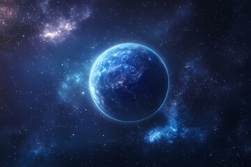 Obraz premium Celestial Sphere: An image of a distant planet floating serenely in the cosmic tapestry, with its deep blue sphere catching the light of distant stars.