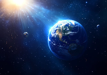 The Earth in Space: An awe-inspiring image showcasing the planet Earth from the vastness of space, with the sun radiating beams, surrounded by celestial bodies.