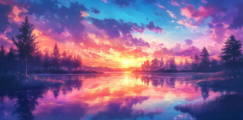 Obraz premium Sunset Symphony: A breathtaking digital artwork showcases a vibrant sunset reflected in a tranquil lake, surrounded by silhouetted trees, painting a picture of serenity and natural beauty.