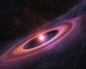 Bright cosmic scene with a pulsar surrounded by a luminous, swirling pink and purple accretion disk against a starry background