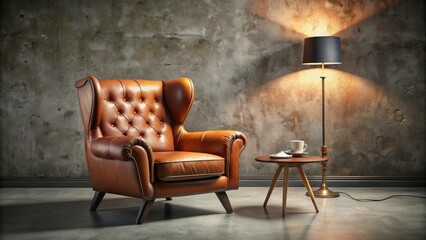 Abandoned Industrial Chic Interior: Burnt Orange Leather Armchair, Dim Lighting, Urban Exploration Photography