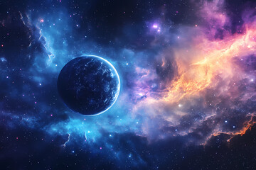 Celestial Sphere: A captivating view of a distant planet bathed in the ethereal glow of nebulae, showcasing the vast beauty and mystery of the cosmos.