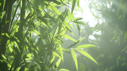 Serene Bamboo Forest Canopy Bathed in Soft Morning Light and Gentle Mist