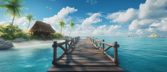 Coastal Paradise: A scenic pier extends invitingly into the crystal-clear turquoise waters of a tropical island, framed by swaying palm trees, a rustic thatched-roof hut.
