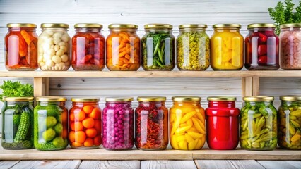 Vibrant Preserved Vegetables: Colorful Jars on Rustic Wooden Shelves in Sunny Kitchen - Stock Photo