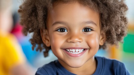 Smiling child looks directly at the viewer with a big toothy grin against an indoor colorful backdrop.
