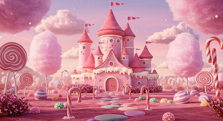 Fantasy Candy Castle Surrounded by Sweets with Pink Sky Background