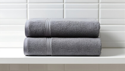 Folded Gray Towels on a White Shelf in Bathroom