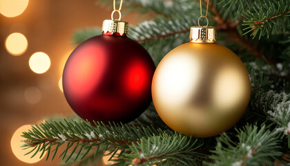 Red and Gold Christmas Baubles on Snowy Fir Branch