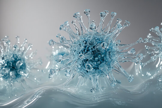 Close-up of blue virus model in a scientific representation.