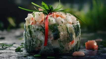 Crab salad in a translucent seaweed wrapper, tied with a chive ribbon