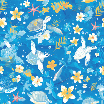 귀여운 바다 거북이 푸른 파다 속에서 헤엄치는 다양한 모습