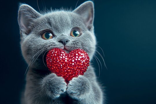 Promotion concept art. Chartreux - my cherished cat. Cute chartreux feline infant with sparkling rhinestones red heart - emblem of love, funny greeting card. Cute pet. Animal love.