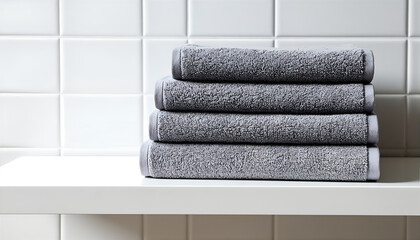 Stack of Fresh Gray Towels in Bright Modern Bathroom
