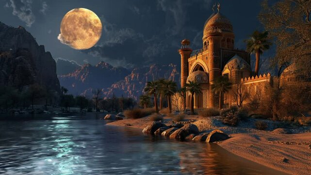 Arabian palace with domes and towers near calm river under full moon in desert mountain valley at night. Travel concept
