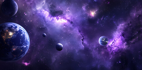 Celestial Dance: A breathtaking panoramic view of space. The scene showcases a mesmerizing interplay of cosmic elements, with planets, nebulae, and galaxies.
