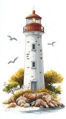 Vintage Coastal Lighthouse Beacon: Scenic Summer Sketch of a Red and White Landmark by the Rocky Shoreline