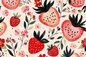 Whimsical Seamless Design Featuring Strawberries and Blooms