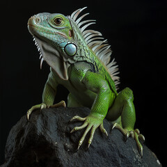 Obraz premium green iguana on a rock isolated on black background