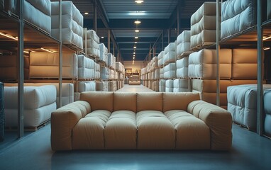 Fototapeta premium Beige Sofa in a Spacious Warehouse, Rows of Upholstery Filling the Background. Industrial Chic Atmosphere.