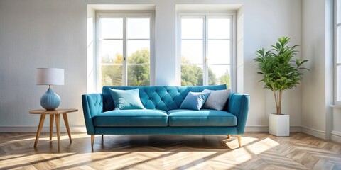 Cozy Blue Couch Night Photography, Sunlit Window, Warm Room, Interior Design, Home Decor, Evening Glow