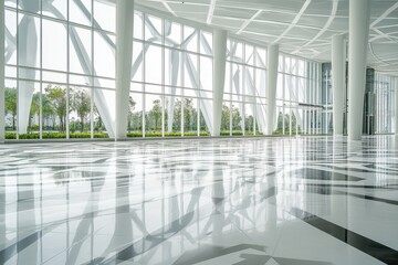 Fototapeta premium Modern Spacious Interior with Large Windows and Reflective Floor Surface