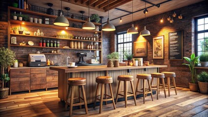 Cozy Coffee Shop Interior with Wooden Bar Stools, Rustic Countertop, Warm Lighting, and Inviting Atmosphere for Relaxation and Socializing