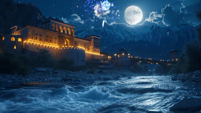 Mountain fortress with glowing lights and fireworks above river under full moon in night sky scenery. Celebration concept
