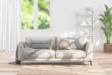 Modern beige sofa in white living room with nature light 3d render, The Rooms have wooden floors ,sunlight into the room