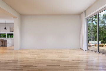 Modern contemporary empty room blank wall for copy space 3d render overlooking wooden terrace and tropical style garden view background