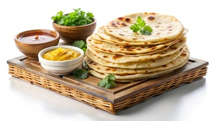 Aerial View Roti Bread Bamboo Tray Dipping Sauces Cilantro Indian Food Photography