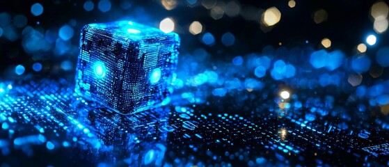 Digital blue hologram dice featuring glowing binary code