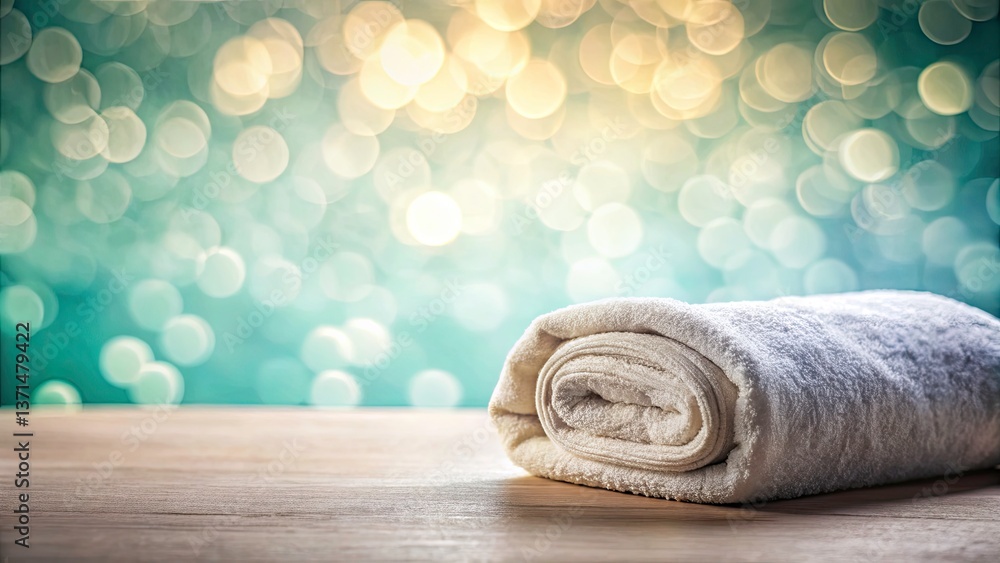 Poster bird's eye view of a towel on solid color backdrop with bokeh effect, perfect for clean and clinical