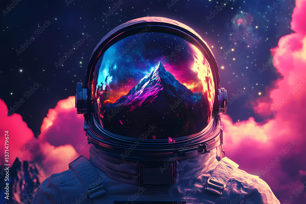 Poster astronaut's celestial reflection: an astronaut's helmet reflects a vibrant nebula and a towering mou