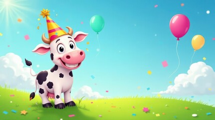 Joyful Cow Celebrates a Festive Occasion with Balloons and Confetti in a Sunny Meadow