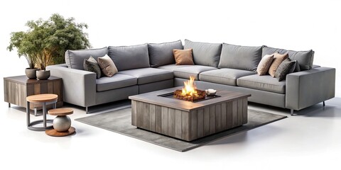 Silhouette Photography: Modern Outdoor Lounge - Gray Velvet Sofa, Fire Pit, Cozy Nights