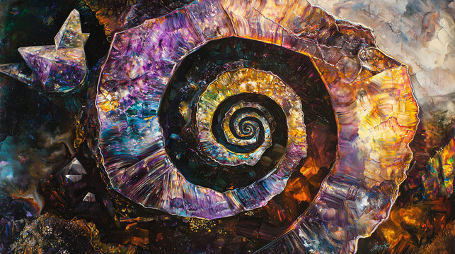 A spiral shaped object featuring bismuth crystals with distinctive characteristics and dramatic contrast creating a captivating visual.