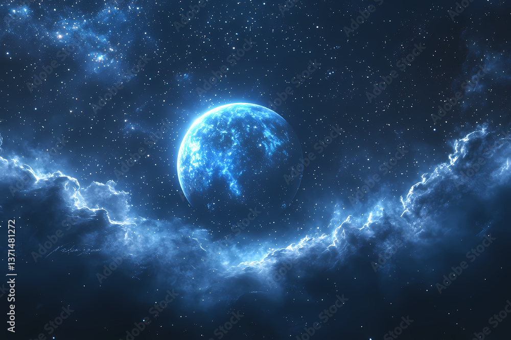 Poster celestial serenity: a mesmerizing depiction of a distant planet suspended within an expansive starry