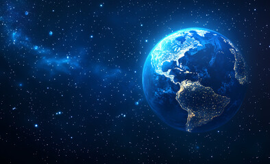 Fototapeta premium Earth in the Cosmos: A stunning view of planet Earth from space, showcasing the swirling clouds, illuminated continents, and vibrant oceans against the backdrop of the universe. 