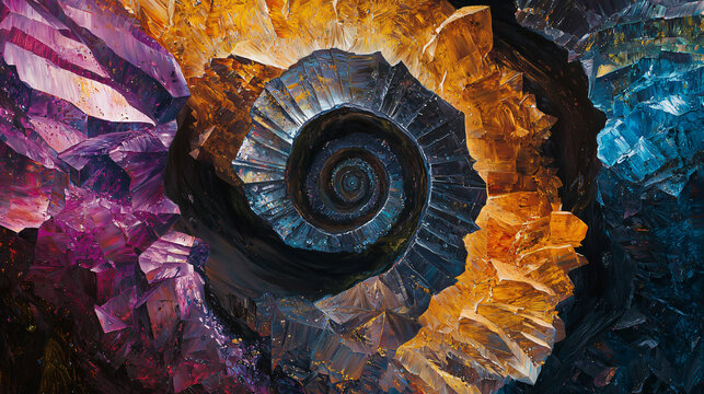 A spiral shaped object made of bismuth crystals showcasing its unique form and dramatic contrast in a captivating display.