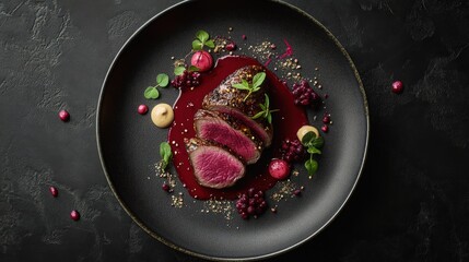 Roasted pigeon breast with beetroot paint and juniper berry jus
