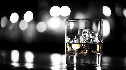A Glass of Whiskey with Ice Cubes on a Dark Table